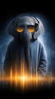 Elephant wearing sunglasses and headphones in a futuristic music setting against a dark background photo