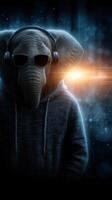 Elephant wearing headphones and sunglasses strikes a cool pose in a dark, illuminated setting with vibrant lights photo