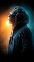 Lion wearing sunglasses and headphones stands confidently in a dark blue and orange atmosphere, showing a unique blend of strength and style photo