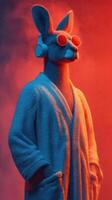 Stylish rabbit wearing sunglasses and headphones stands confidently in a robe against a colorful, dramatic background photo