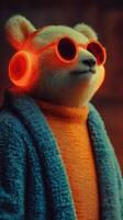 Polar bear wearing stylish sunglasses and headphones enjoys music in a cozy setting during evening time photo