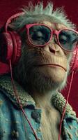 Funky monkey wearing headphones and oversized sunglasses in a vivid red background photo
