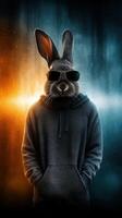 Cool rabbit in hoodie and sunglasses standing against a contrasting background of orange and blue light photo
