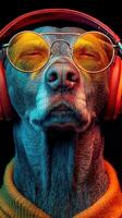 Dog wearing sunglasses and headphones enjoys music while posing with relaxed expression indoors photo