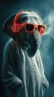 Elephant wearing headphones and sunglasses in a moody, smoke-filled environment engages in modern music culture photo