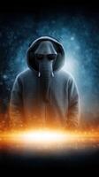 Creative human wearing elephant mask and sunglasses in hoodie against blue backdrop with glowing lights photo
