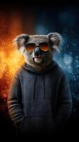 Cool koala wearing sunglasses in stylish hoodie poses against a colorful background featuring warm and cool tones photo