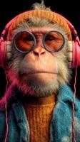 Stylish monkey wearing glasses and headphones in vibrant colors against a dark background photo
