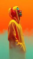 Vibrant figure in yellow hoodie and sunglasses listening to music against a bold orange background photo