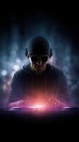 DJ mixes vibrant sounds with stunning visuals at a nighttime music event in an urban setting photo