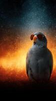 Bird wearing sunglasses poses confidently against a fiery backdrop in a creative and artistic setting photo