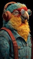 Colorful parrot dressed in denim and headphones showing a unique fashion sense photo