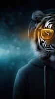 Tiger in a hoodie wearing headphones and sunglasses in a dark setting with blue lighting and sparkling background photo