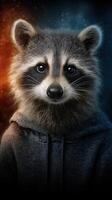 Raccoon wearing hoodie poses with a contemplative expression against a vibrant backdrop of blue and orange tones photo