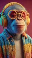 Monkey wearing large headphones and glasses enjoys music in a vibrant studio setting with colorful lights photo
