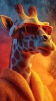Giraffe wearing sunglasses and headphones enjoys a cool atmosphere in a vibrant setting photo