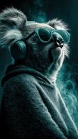 Cool koala wearing sunglasses and headphones in a dark, smoky atmosphere during a relaxed music listening session photo