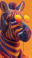 Vibrant zebra wearing headphones and sunglasses poses against an orange backdrop, showcasing a playful and stylish appearance photo