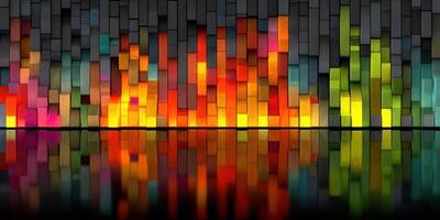 Colorful abstract design with flame-like patterns and reflections on a dark background in a contemporary setting photo