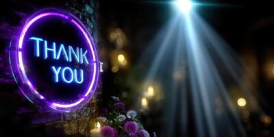 Neon thank you sign illuminated in a dimly lit space with flower decorations and soft lighting photo