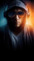 Mysterious DJ wearing headphones and sunglasses in a colorful lighting setting at night photo