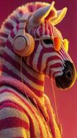 Stylish zebra with headphones and sunglasses posing against a vibrant sunset background photo