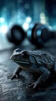 Frog resting on a table next to headphones in a dimly lit room with vibrant blue highlights photo