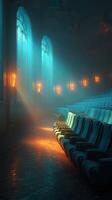Dramatic light beams illuminate empty theater seats in a vintage auditorium photo