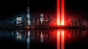 Skyline of New York illuminated by vibrant beams during nighttime, creating a striking visual contrast over the water photo