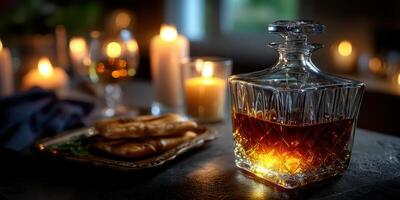 Warm glow from a vintage decanter with candles and sweet treats on a cozy table during evening gathering photo
