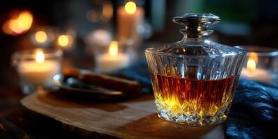 Elegant whiskey decanter set against flickering candles on a rustic wooden table in a cozy setting photo