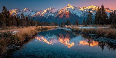 Majestic mountain landscape at sunrise with colorful reflections in a serene stream in New Zealand photo