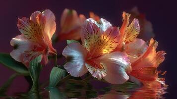Colorful alstroemeria flowers with reflections captured in a still setting at dusk photo