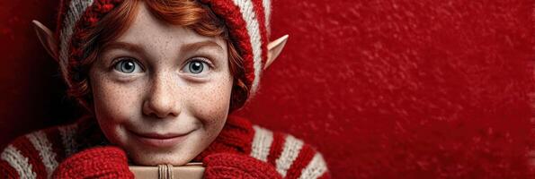 Child with red hair and freckles wearing festive outfit stands against a bright red background holding a small gift in joyful demeanor photo