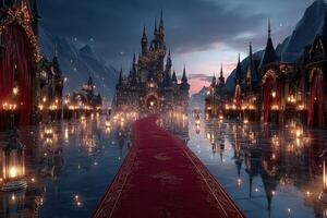 Grand castle illuminated by lanterns with a red carpet leading towards it during twilight in a magical landscape photo