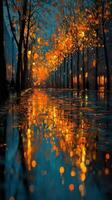 Evening stroll through a luminous autumn street with vibrant reflections and golden leaves photo