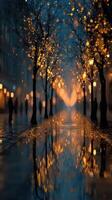 Evening stroll with glowing lights on a rainy street showcasing reflections and serene atmosphere photo