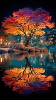 Vibrant maple tree displays stunning autumn colors by tranquil lake at night in serene Japanese landscape photo