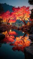 Stunning autumn colors reflecting in a tranquil pond at dusk in a serene landscape setting photo