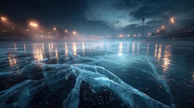 Ice rink illuminated by stadium lights during an evening event with a dramatic sky at a sports venue photo