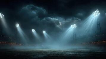 Illuminated sports field during a stormy night with dramatic lighting effects photo