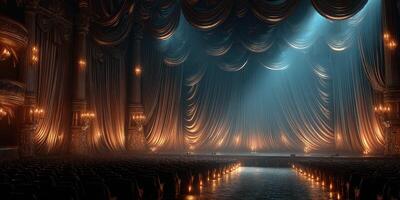 Elegant theater stage with dramatic lighting and ornate decor, ready for a captivating performance in a grand venue photo