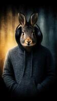 Rabbit wearing hoodie and headphones in an artistic blend of urban and fantasy elements at twilight photo
