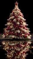 Beautifully decorated Christmas tree with red and gold ornaments reflecting on a dark surface photo