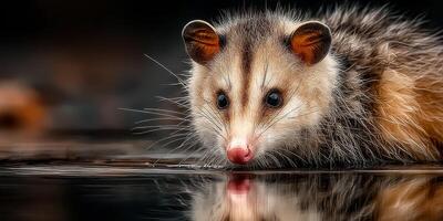 Opossum drinking water at dusk near reflective surface in natural habitat photo