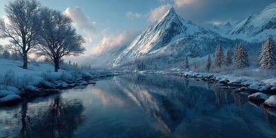 Winter landscape featuring snow-covered mountains and a serene river under a clear blue sky photo