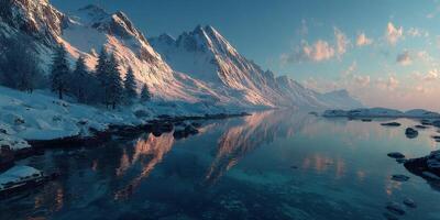 Snow-covered mountains reflect in calm water during early morning light in a serene winter landscape photo