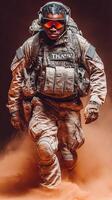 Soldier in tactical gear running through dusty terrain during a military training exercise at sunset photo