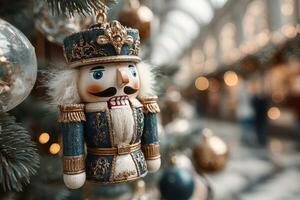 Nutcracker ornament hanging on a Christmas tree in a festive shopping center during the holiday season photo