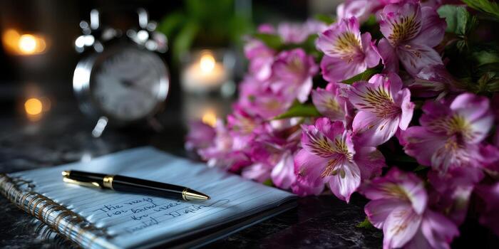 Bouquet of pink flowers beside a clock and notepad with handwritten notes in a cozy indoor setting photo